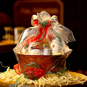 Gift basket showing wine and food items