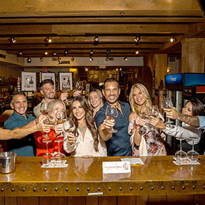 Group of young people at a wine bar holding up their glasses